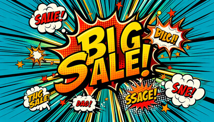 Comic book style big sale announcement with vibrant burst design

