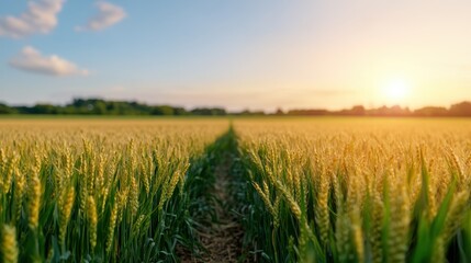 A serene field of green wheat bathes in the evening glow, where the warm colors of the sunset blend beautifully with the lush landscape of endless bounty.