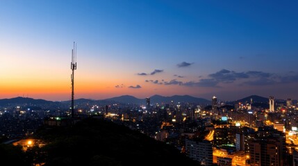Fototapeta premium A stunning cityscape at sunset showing the silhouette of a communication tower amidst a vibrant metropolis, emphasizing the role of technology in modern urban environments.