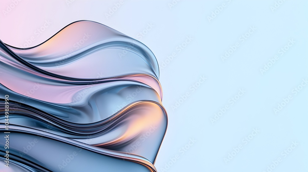 Poster Elegant flowing wavy glass shapes and transparent layers creating a sleek modern and futuristic abstract background artwork with soft reflections and colorful gradient effects