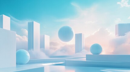 Abstract 3D render of a futuristic cityscape with white geometric shapes and floating spheres in a cloudy sky.