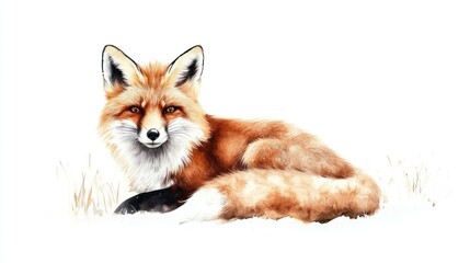 Naklejka premium A red fox with a bushy tail lies in a patch of dry grass, looking directly at the viewer.