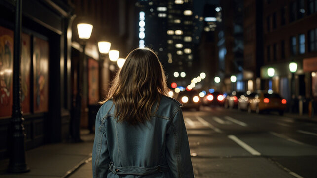 Young woman walking home alone at night in the dark street, concept of insecurity and fear of walking alone at night	