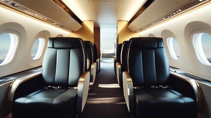 Fototapeta premium The interior of a plane with rows of black leather seats and oval windows.