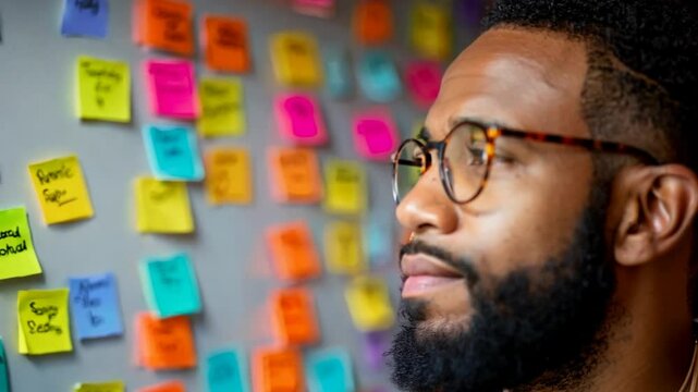 A man with a beard and glasses observes an arrangement of colorful sticky notes on a wall, focused on developing creative ideas in a contemporary workspace