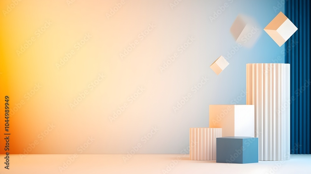 Poster Captivating minimalist futuristic abstract backdrop featuring floating geometric panels and shapes with soft ethereal light gradients in a sleek contemporary digital art style