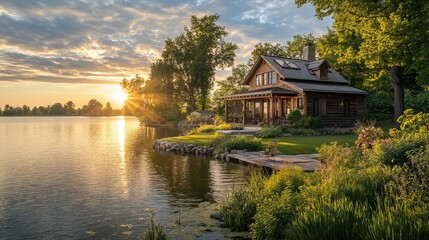 Obraz premium Picturesque lakeside cottage basks in the warm glow of a setting sun, surrounded by lush gardens and tranquil waters, offering a peaceful escape into nature's .
