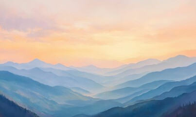 Fototapeta premium Blue mountains under a pastel sunset.