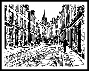 City Architecture. Black and white illustration. Printable pattern for wall decorations.