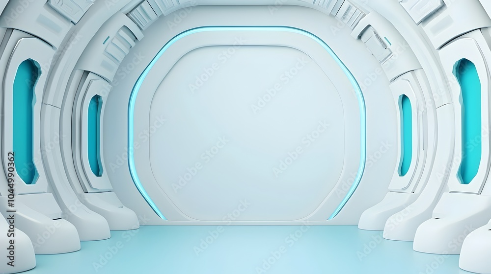 Poster minimalistic white and blue futuristic backdrop with soft blue lighting sleek metallic textures and 