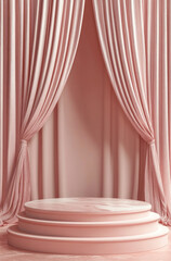 Feminine and Delicate 3D Rendered Podium with Soft Blush Curtains for a Warm Touch