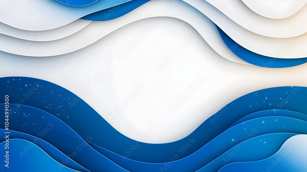 Poster striking abstract design featuring a clean white and blue background with flowing geometric shapes s
