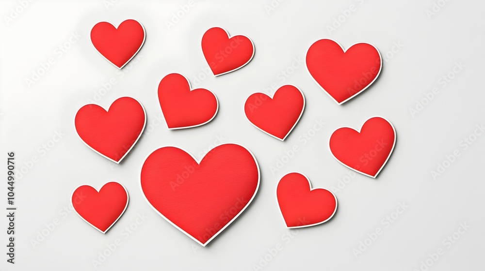 Poster Assortment of Glossy Red Heart Stickers in Different Shapes and Sizes Displayed on a Clean White Background with Smooth Textures and Elegant Effects