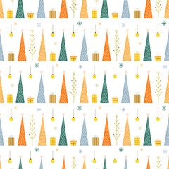 Christmas or New Year seamless pattern with Christmas trees for greeting card, poster, cover, gift bag Vector geometric patterns Christmas tree, balls, gift boxes, snowflakes