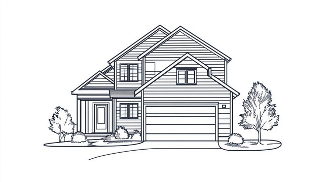 recommend clip art: Hand drawn illustration of a two-story house with a garage and landscaping.