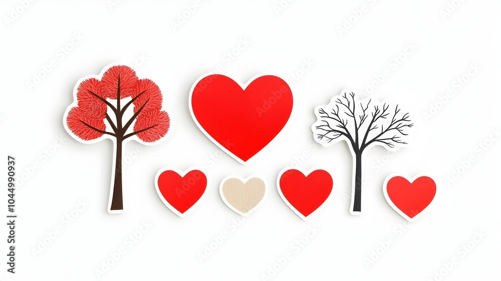 Poster elegant and minimalist collection of various sized and styled glossy red heart stickers isolated on 