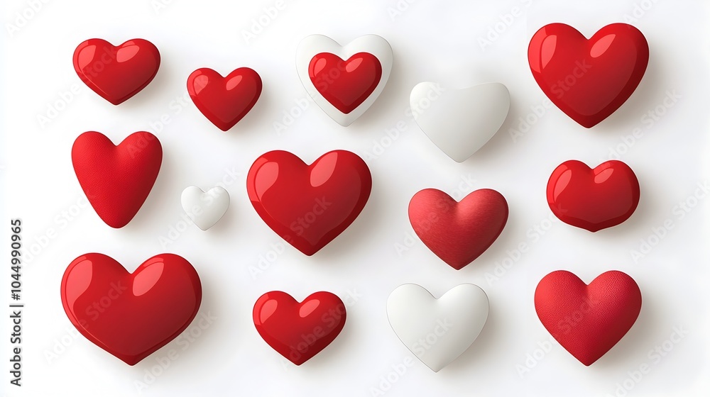 Poster diverse collection of various shaped and textured red heart stickers including glossy matte and meta