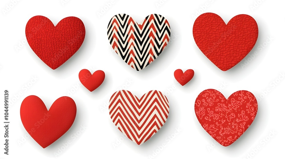 Fototapete set of red heart shaped stickers featuring an assortment of sizes textures and patterns arranged in 