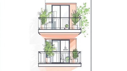 A hand-drawn illustration of a two-story balcony with potted plants and furniture.