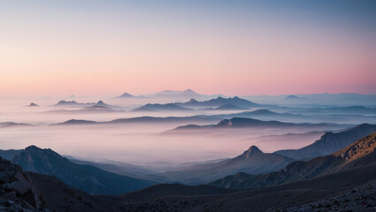 Fototapeta premium Majestic mountain landscape emerging from a sea of clouds at sunset