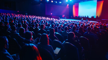 Obraz premium Large audience listening to speaker giving talk at business conference