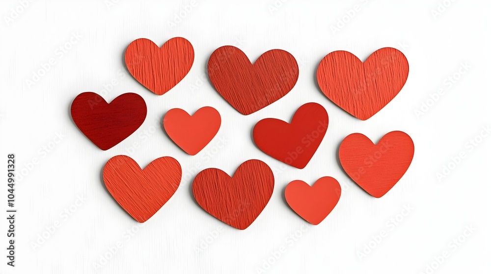Poster vibrant red heart sticker collection with diverse shapes and finishes isolated on a crisp white back