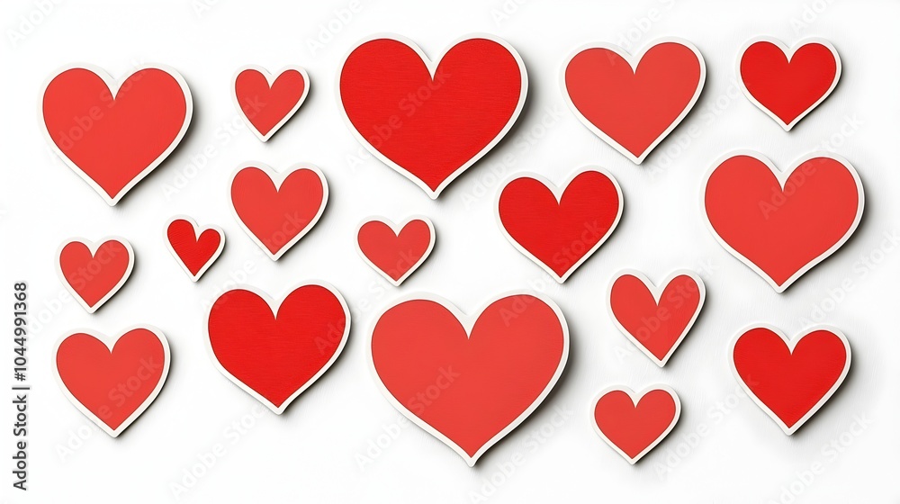 Poster assortment of red heart stickers in various unique and creative designs with glossy finishes and sof