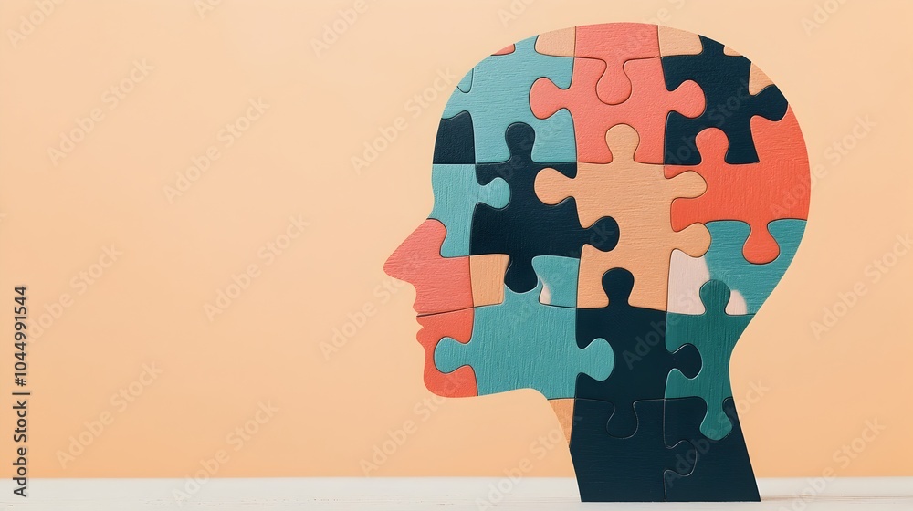 Poster conceptual of an abstract human head constructed from colorful puzzle pieces symbolizing the concept