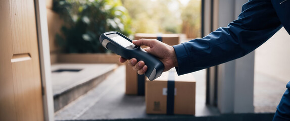 Delivery man using handheld device scanning barcode on package on doorstep