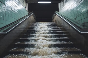 An urban subway entrance completely flooded, with water cascading down the stairs, symbolizing the uncontrollable force of floodwaters in a cityscape.