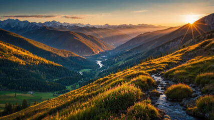 Golden hour illuminating mountain valley with winding river