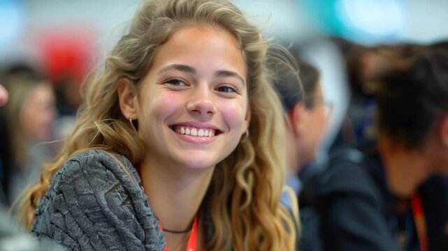 A cheerful young woman with curly hair sits among a lively group, smiling brightly and enjoying the conversation at a bustling event filled with energy