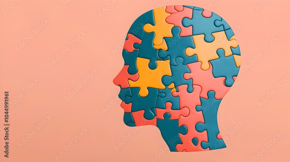 Poster scattered puzzle pieces forming a human head crafted using technology representing the concept of me