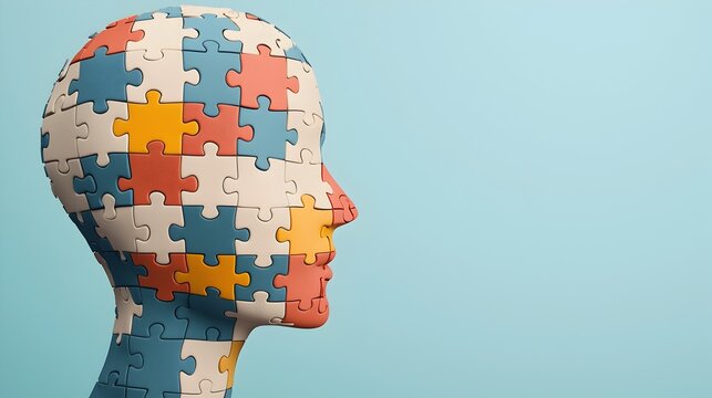 Digital of a human head composed of scattered puzzle pieces created using technology to represent the concept of mental health balance and awareness for World Mental Health Day