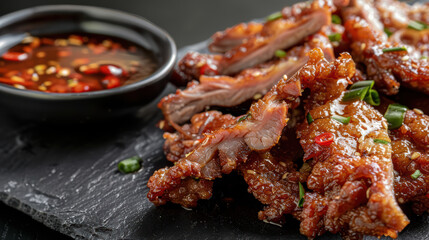Crispy pork served with flavorful dipping sauce on black slate plate, showcasing delicious and appetizing dish perfect for sharing