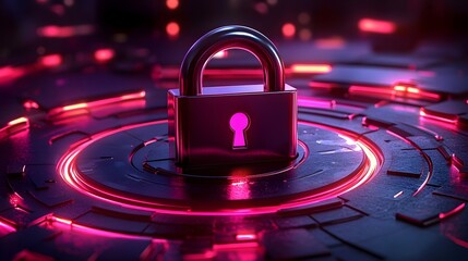 Abstract digital security concept with colorful neon lights and a metallic padlock representing cyber protection and data encryption.