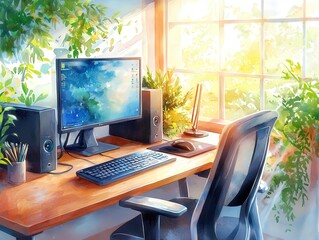 A Bright and Inviting Workspace Surrounded by Nature's Beauty and Technology