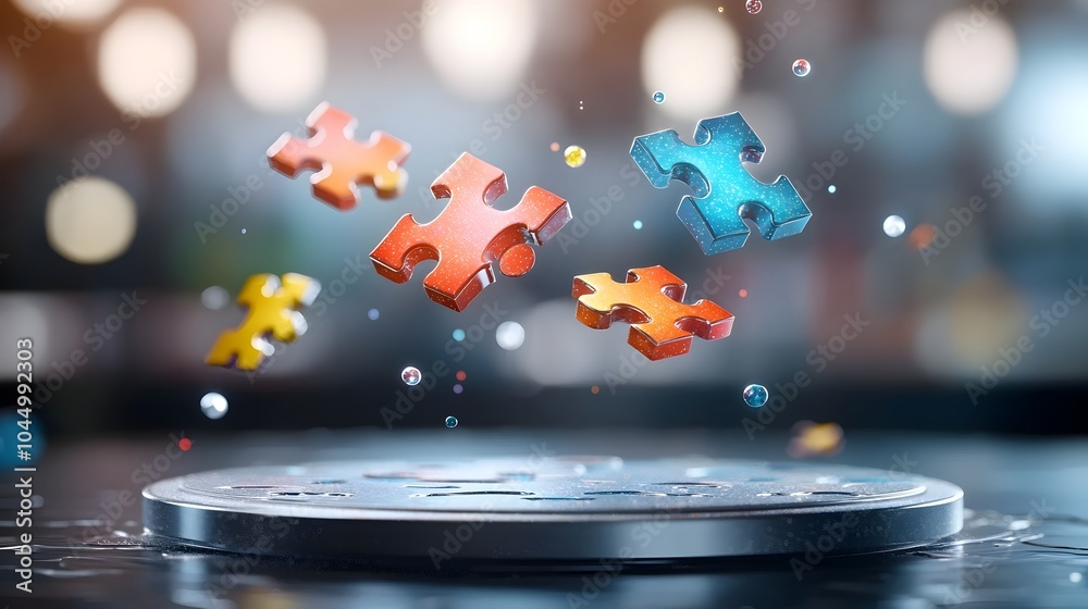 Aufkleber Floating puzzle pieces in midair each glowing with bright vivid colors creating a dynamic and captivating abstract composition  This digital rendering showcases a modern