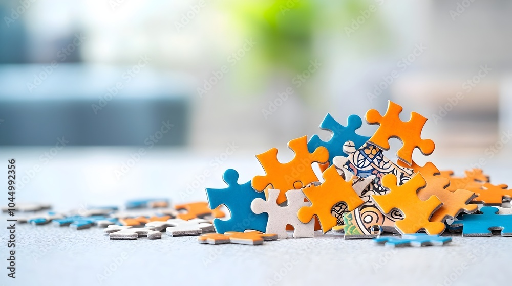 Fototapete Vibrant intricate puzzle pieces in a variety of patterns and textures scattered across a clean white surface waiting to be assembled into a cohesive design