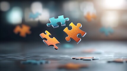 Vibrant and dynamic abstract composition featuring floating puzzle pieces in a variety of bright glowing colors creating a captivating and futuristic visual experience