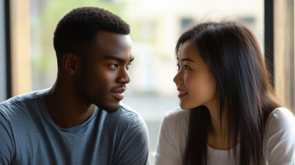 Friendly interaction between african american man and asian woman