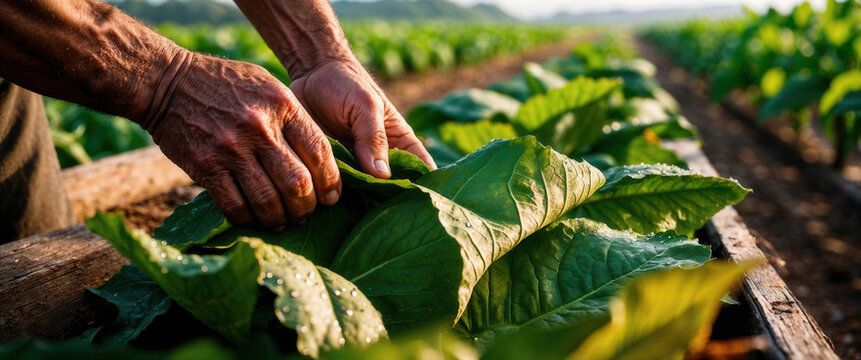 Farmer harvesting tobacco leaves in the field