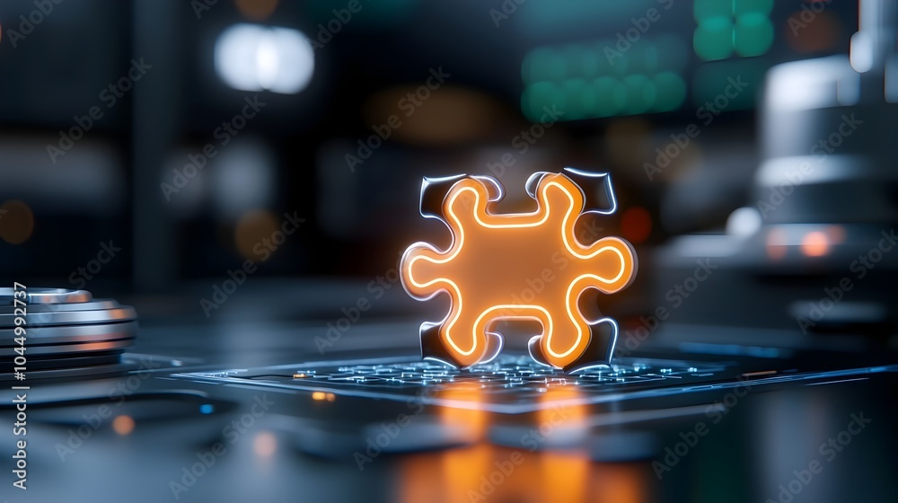 Leinwandbilder Futuristic puzzle design with glowing neon pieces interlocking to form a high tech abstract image set against a dark background  Intricate geometric pattern with luminous