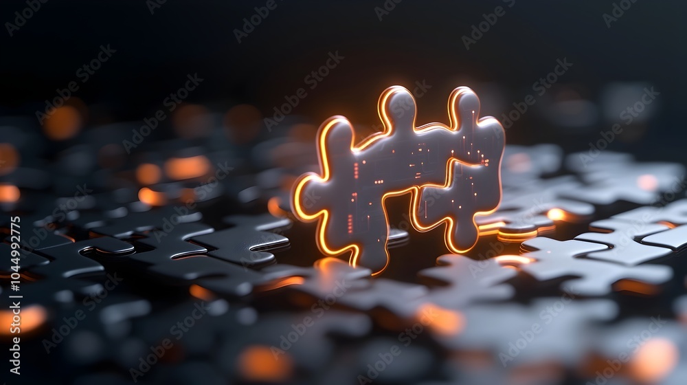 Poster A futuristic and visually striking puzzle design featuring glowing neon pieces that interlock to form a high tech abstract image set against a dark background  The composition showcases a modern