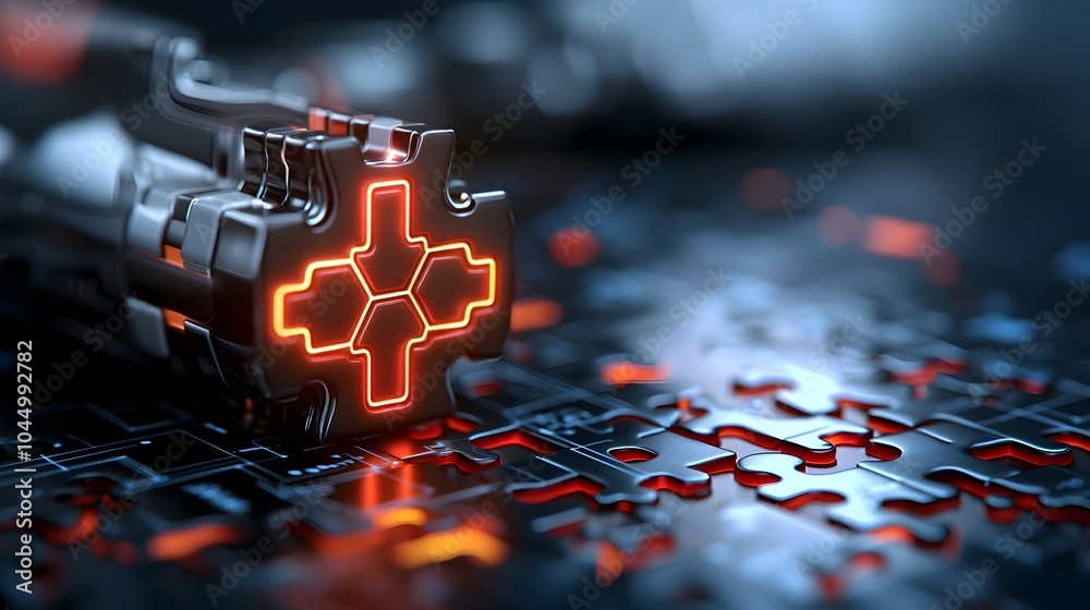 Poster Futuristic glowing neon puzzle pieces interlocking to create a high tech abstract composition against a dark background showcasing a dynamic and innovative digital design concept