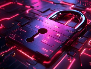 Abstract digital security concept with colorful neon lights and a metallic padlock representing cyber protection and data encryption.