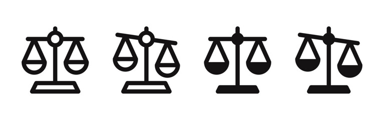 Scale icons set. Scales of justice, vintage scale in balance and equilibrium, libra. Vector illustration