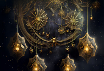 A crescent moon with glowing, web-like lanterns hangs against a dark, starry sky.