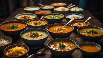 A bowl of soup is surrounded by other bowls and spoons
