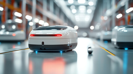 Automated delivery robots navigating a modern warehouse environment for efficient logistics and supply chain management
